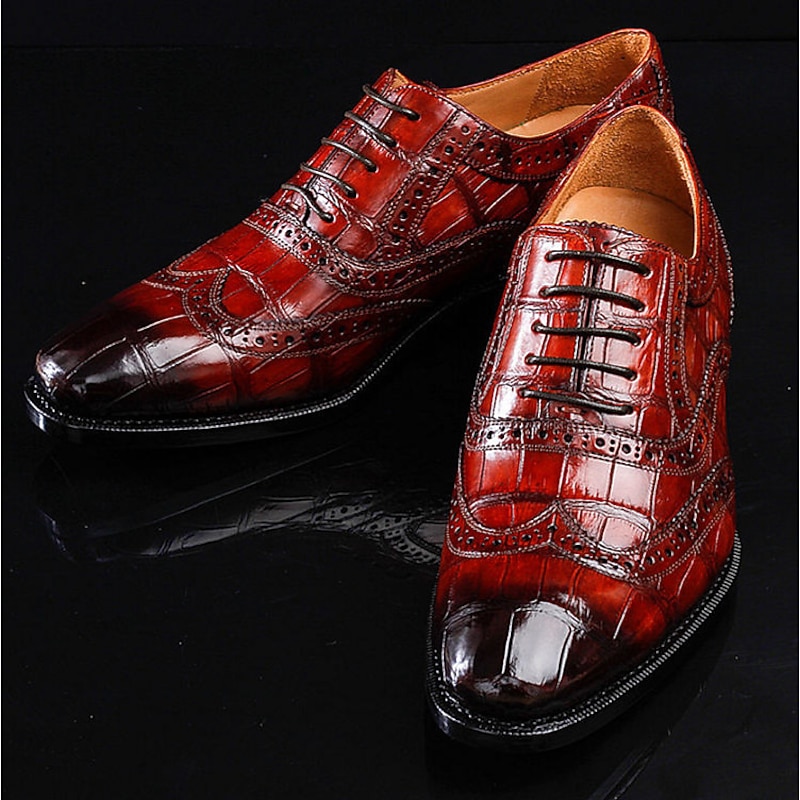 Men's Faux Leather Oxford Shoes - Crocodile Pattern with Brogue Detailing, Perfect for Formal Events and Business Wear