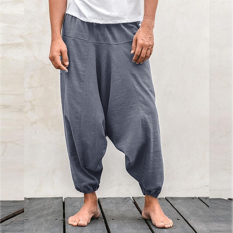 Men's Linen Pants Trousers Summer Pants Bloomers Beach Pants Drawstring Baggy Drop Crotch Plain Breathable Gym Yoga Linen / Cotton Blend Classic Casual Loose Fit Blue Grey3