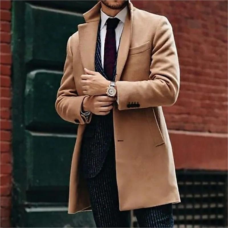 Men's Winter Coat Overcoat Trench Coat Outdoor Business Fall Winter Polyester Warm Outerwear Clothing Apparel Streetwear Casual Solid Color Quilted Notch lapel collar Single Breasted