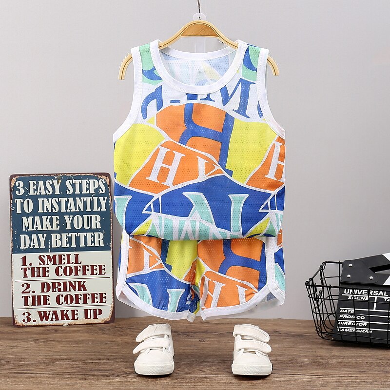 2 Pieces Kids Boys Tank & Shorts Outfit Cartoon Camo Sleeveless Cotton Set Casual Cool Daily Summer Spring 3-7 Years White Blue Sky Blue2