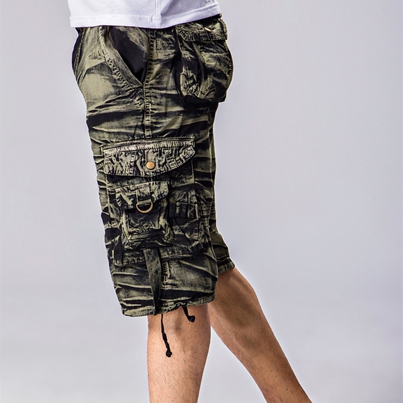 Men's Cargo Shorts Camo Shorts Hiking Shorts Multi Pocket Plain Camouflage Knee Length Streetwear Black Army Green Micro-elastic2
