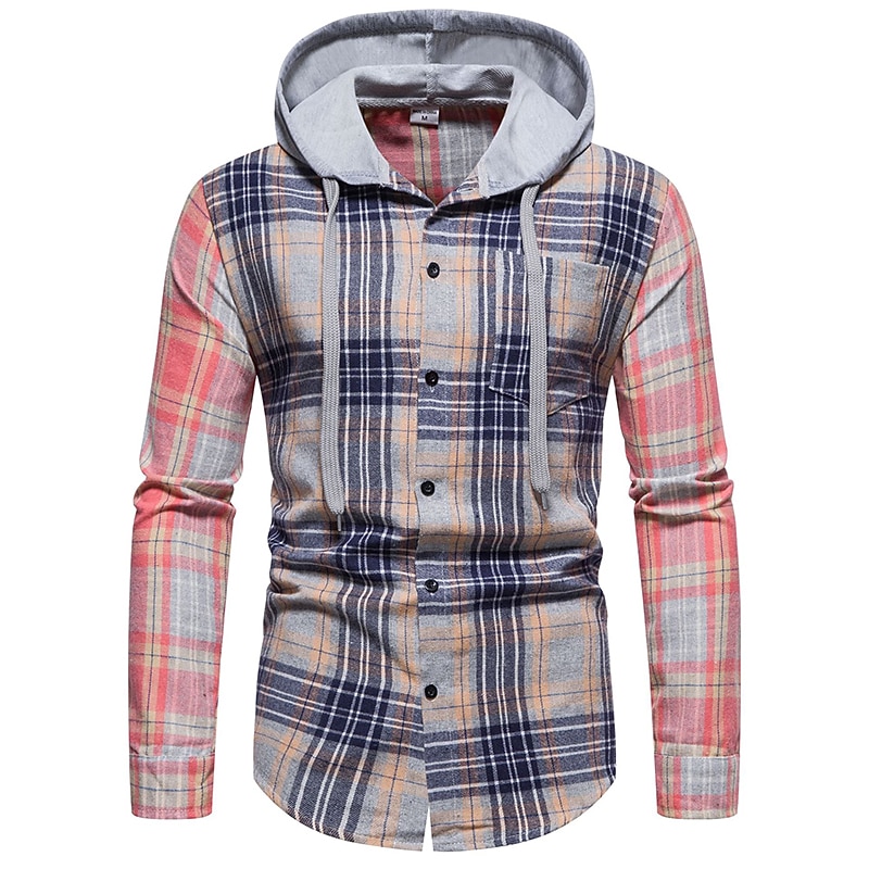 Men's Shirt Casual Shirt Button Up Shirt Overshirt Hooded Shirt Checked Shirts Pink Dark Navy Blue Green khaki Long Sleeve Plaid / Check Hooded Vacation Street Hooded Clothing Apparel Cotton Cotton4