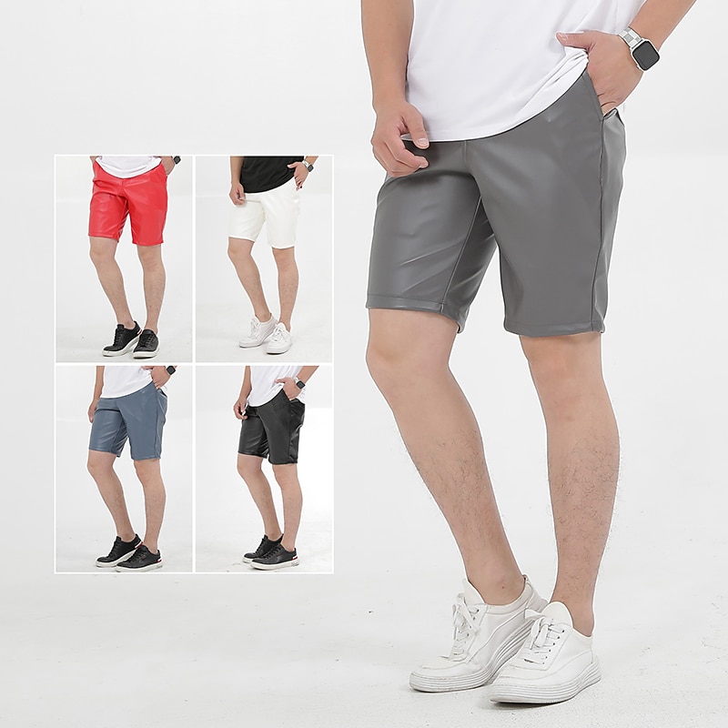 Men's Shorts Faux Leather Shorts Pocket Plain Comfort Breathable Knee Length Outdoor Daily Holiday Faux Leather Stylish Casual Black White