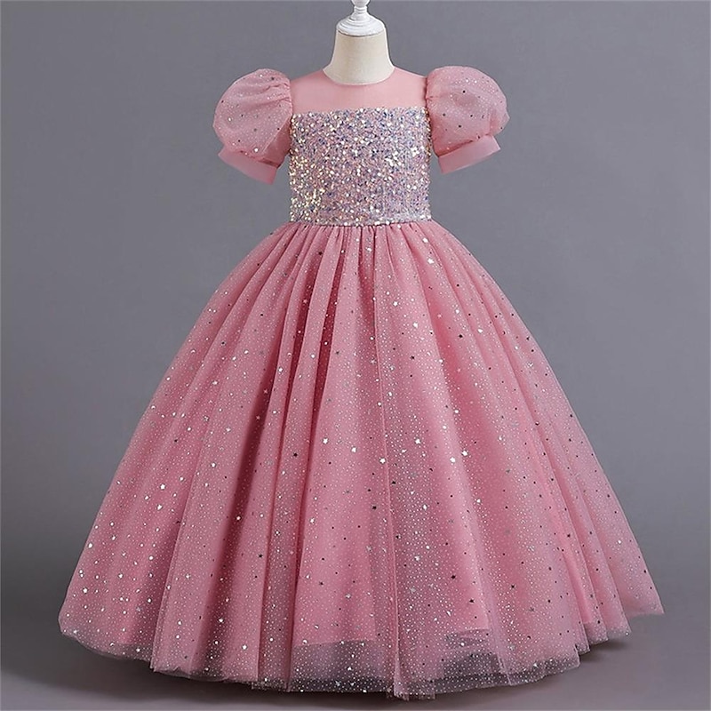 Kids Girls' Flower Girl Dress Party Dress Solid Color Flower Short Sleeve Performance Wedding Party Sequins Elegant Princess Polyester Maxi Pink Princess Dress Tulle Dress Summer Spring 4-13 Years4
