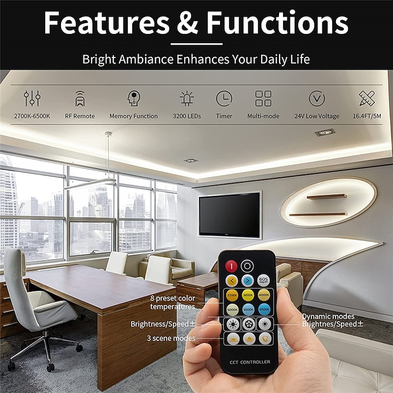 COB LED Strip Light White CCT Tunable 3200LEDsCRI90 16.4ft/5m Dimmable 2700K-6500K 24V LED Tape Lights Kit with UL-Listed Power Supplyfor Under Cabinet Bedroom Kitchen TV Mirror DIY Lighting4