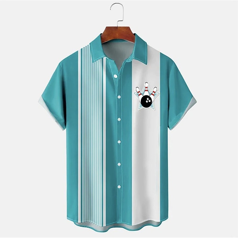 Men's Striped Bowling Ball Shirt Bowling Shirt Button Up Shirt Short Sleeve Sports Fashion Streetwear Outdoor Casual Daily Summer Spring Turndown Print Button-Down Yellow Light Green Blue Green Dark3