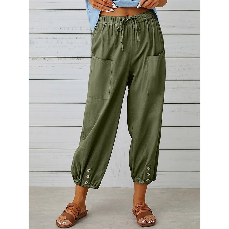 Women's Loungewear Pants Lounge Pants Simple Casual Comfort Pure Color Pocket Elastic Waist Cotton Linen Pants Vacation Home Daily Black White Army Green Navy Blue Blue Summer Spring Fall