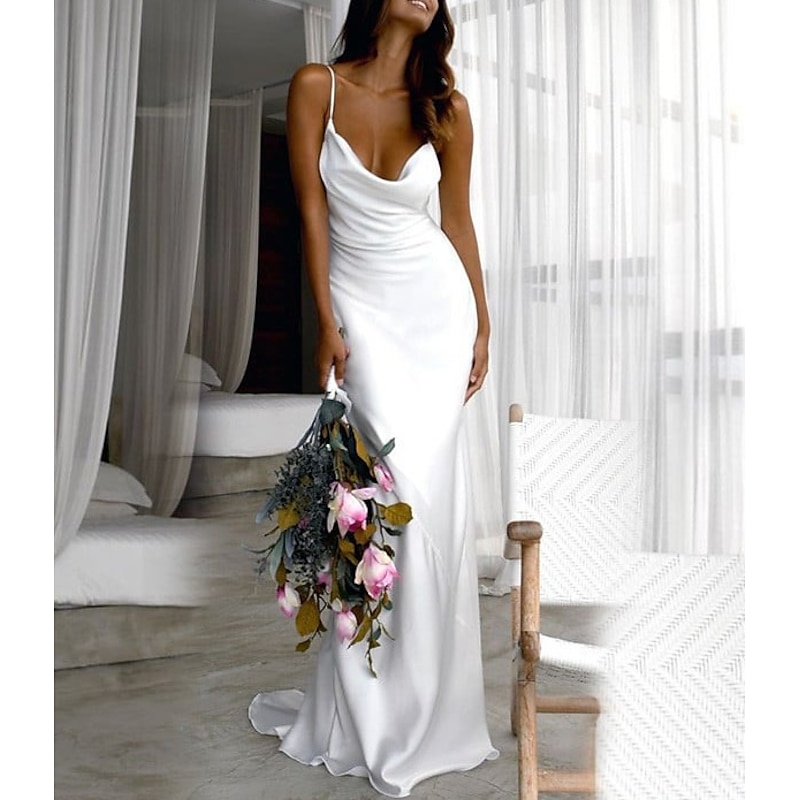 Beach Wedding Beach Casual Simple Wedding Dresses Sheath Square Neck Camisole Spaghetti Strap Sweep / Brush Train Stretch Fabric Bridal Gowns With Ruched Solid Color2