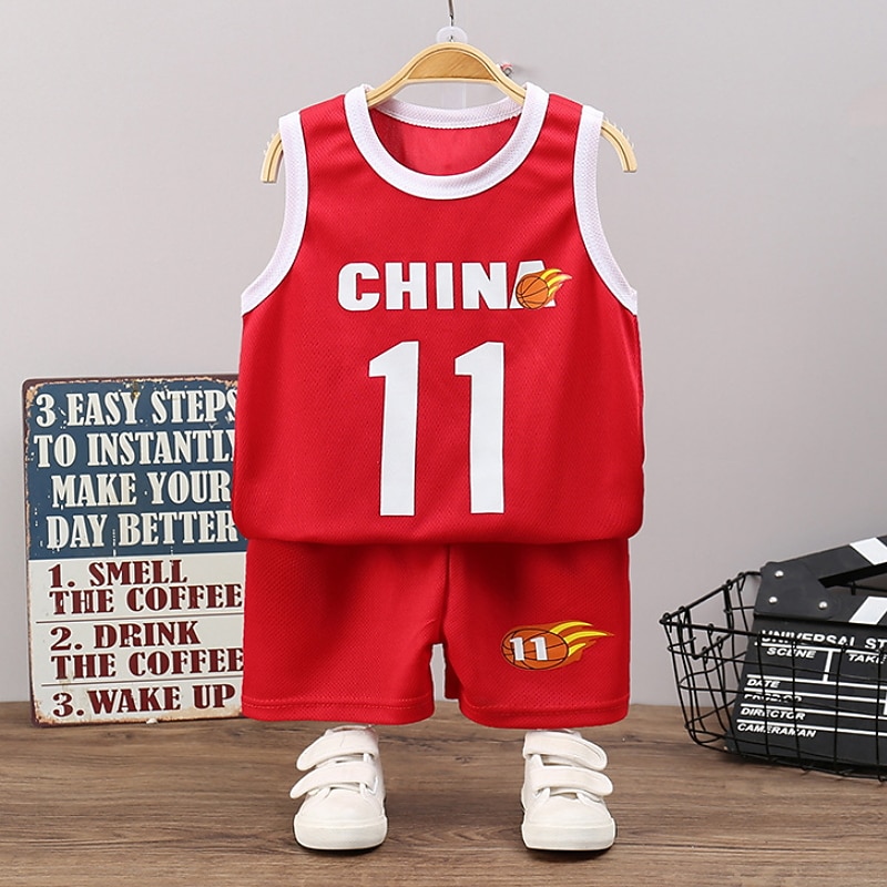 2 Pieces Kids Boys Tank & Shorts Outfit Cartoon Number Letter Sleeveless Crewneck Cotton Set Outdoor Sports Cool Summer Spring 7-13 Years Black White Yellow4