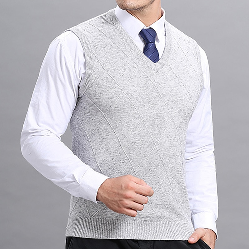 Men's Sweater Vest Dress Sweater Wool Sweater Pullover Sweater Jumper Knit Knitted Plaid V Neck Stylish Vintage Style Clothing Apparel Fall Winter Navy Blue Light Grey S M L