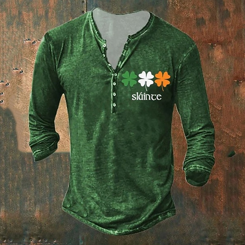 St.Patrick's Day st paddys Men's Henley Shirt Tee Graphic Four Leaf Clover St. Patrick's Day Henley Clothing Apparel 3D Print Outdoor Casual Long Sleeve Button-Down Print Fashion Designer