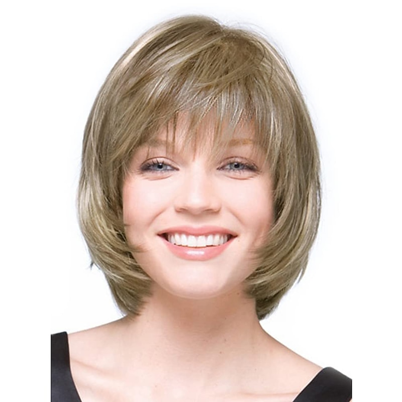 Short Light Brown Mix Blonde Bob Wig with Bangs for White Women Natural Synthetic Hairstyles with Highlight Soft Hair Replacement Wigs Daily Use Christmas Costume for Women2
