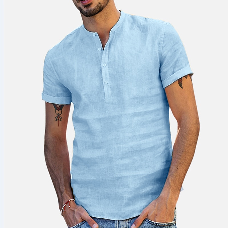 Men's Shirt Linen Shirt White Cotton Shirt Summer Shirt Beach Shirt Cotton Linen Shirt Solid Color Vacation Casual White Blue Short Sleeve Standing Collar Spring & Summer Clothing Apparel Button-Down