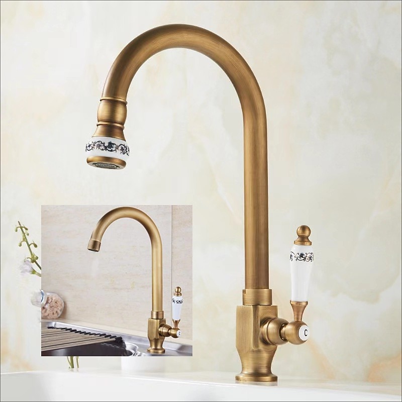 Kitchen Sink Faucet Retro Brass, 360 ° Swivel Single Handle Cold Taps One Hole Lever Ceramic Valve Tap Antique Vintage Bronze2