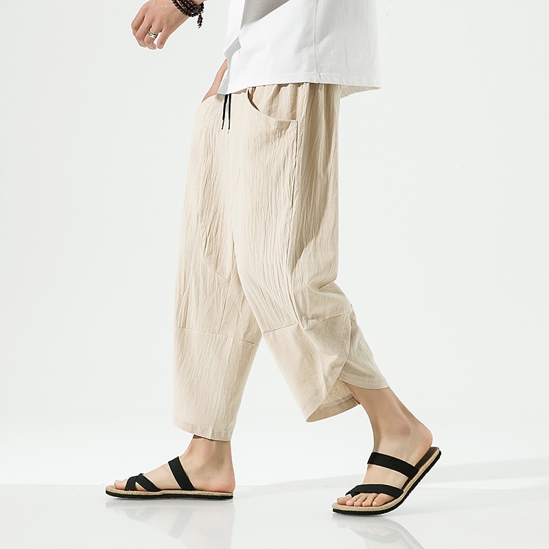 Men's Shorts Linen Shorts Summer Shorts Beach Shorts Capri Pants Drawstring Elastic Waist Plain Breathable Soft Short Casual Daily Holiday Linen / Cotton Blend Streetwear Hawaiian Black White