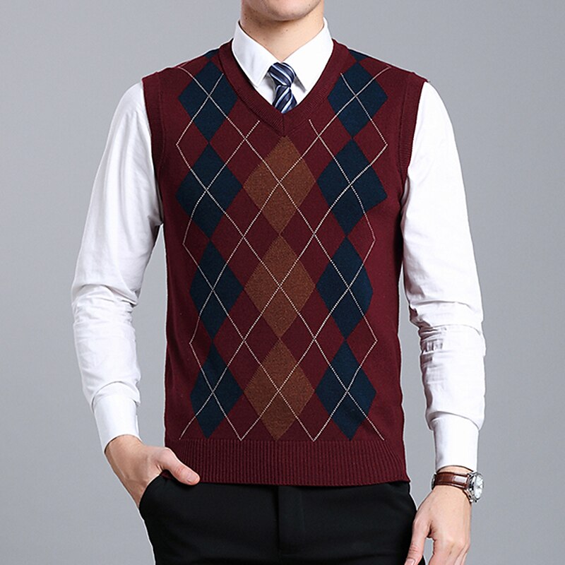 Men's Sweater Vest Dress Sweater Stylish Vintage Style Color Block Argyle Ribbed V Neck Patchwork Knitted Braided Drop Shoulder Sleeveless Knit Christmas Home Work Red Navy Blue Spring Fall3