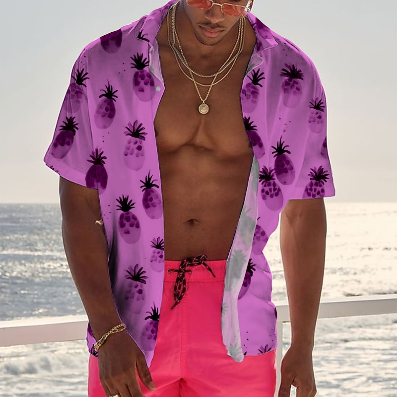 Men's Fruit Pineapple Graphic Prints Shirt Summer Hawaiian Shirt Short Sleeves Shirt Turndown Street Casual Light Yellow Yellow Purple Brown Green Print Button-Down Clothing Apparel Tropical Fashion3