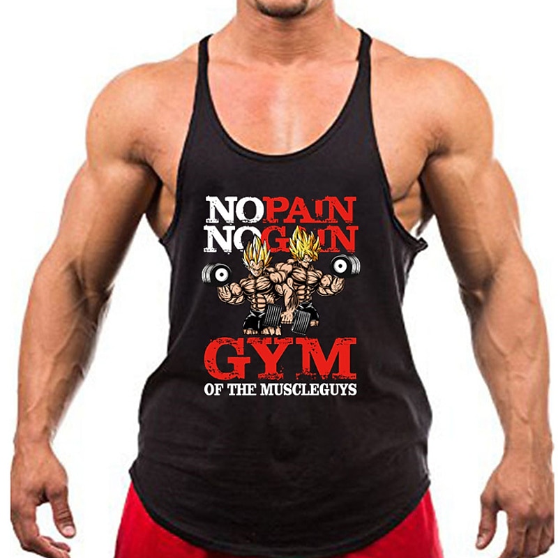 Men's Gym Workout Stringer Tank Top | "No Pain No Gain" Muscle Graphic | Fitness Sleeveless2