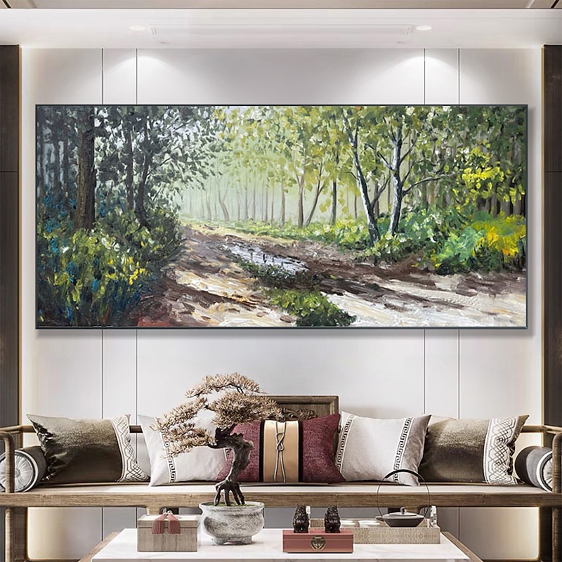 Handmade Oil Painting Canvas Wall Art Decor Abstract Green Forest Painting Original Landscape Painting for Home Decor With Stretched Frame/Without Inner Frame Painting