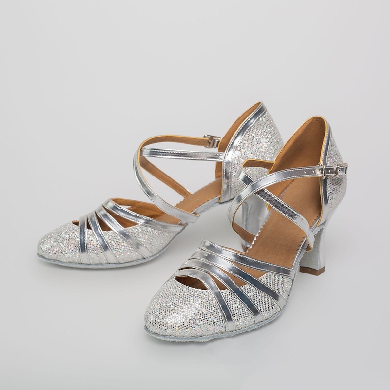 Women's Ballroom Dance Shoes Modern Shoes Stage Indoor Professional Heel Glitter Splicing Flared Heel Black Silver Gold4