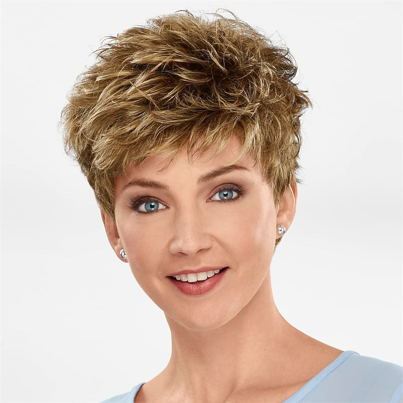 Fresh Pixie Wig with Breathable Cap and Razored Layers / Multi-Tonal Shades of Blonde Silver Brown and Red
