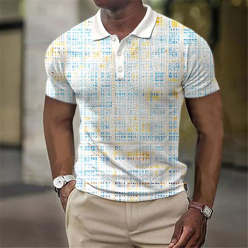 Men's Plaid Waffle Polo Shirts Golf Shirt Short Sleeve Polo Shirts Collared Shirts Business Casual WorkWear Formal Wear Festival Wear Buttons 3D Print White Yellow Blue3