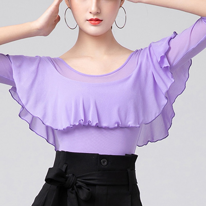 Latin Dance Activewear Leotard / Onesie Ruffles Ruching Pure Color Women's Performance Training Half Sleeve High Cotton Blend