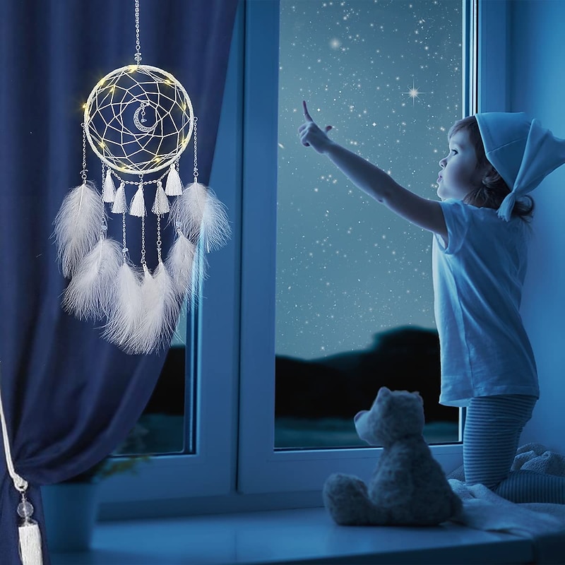 LED Dream Catcher Wall Decor with Feather Pendant Wall Hanging Ornament Wind Chimes Light for Car Home Girl Children's Bedroom Decoration Christmas Birthday Party Balcony Window Ramadan Eid Decorations3