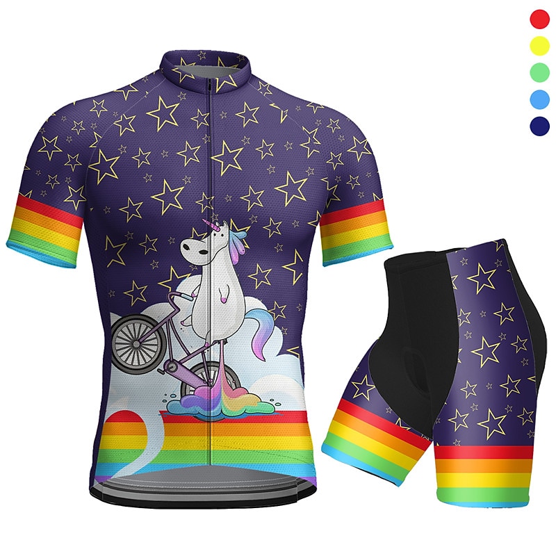 Men's Cycling Jersey with Shorts Short Sleeve Mountain Bike MTB Road Bike Cycling Dark Purple Blue Purple Graphic Animal Rainbow Bike Clothing Suit 3D Pad Breathable Quick Dry Back Pocket Polyester