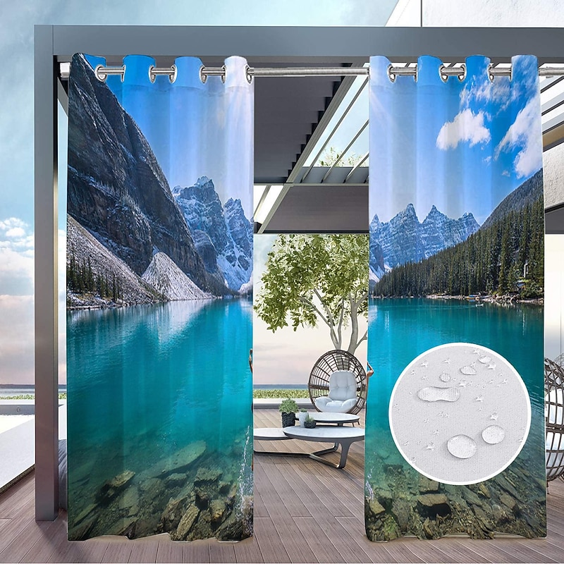 2 Panels Outdoor Curtain Privacy Waterproof, Sliding Patio Curtain Drapes, Pergola Curtains Grommet 3D Landscape For Gazebo, Balcony, Porch, Party, Hotel2