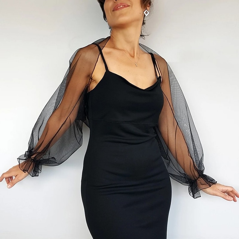 Mesh Bolero Long Puff Ruffles Sleeve See Through Cover Up Shrug Tulle Bolero Bridal Organza Wedding Guest Fashion Women's Wrap Sun Protection All-Match Spring & Summer dress to impress3