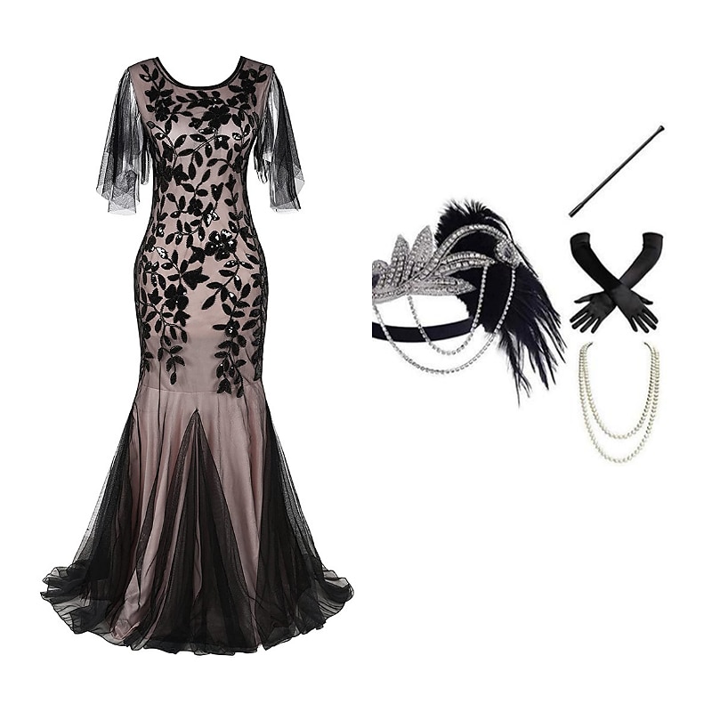 Retro Vintage Roaring 20s 1920s Flapper Dress Dress Outfits The Great Gatsby Wedding Guest Sequins Fancy Dress Women's Party Evening Wear Wedding Reception Bachelorette Party Adults' Dress Gloves2