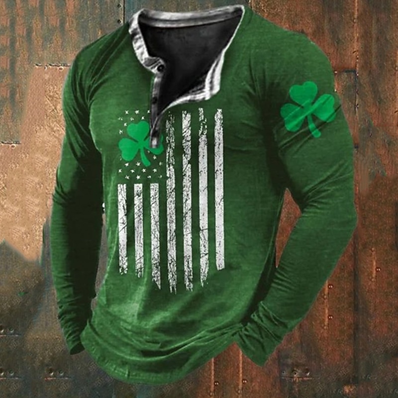 St.Patrick's Day Men's Henley Shirt Tee Graphic Clover National Flag Henley Clothing Apparel 3D Print Daily St.Patrick's Day Long Sleeve Button-Down Print Fashion Designer3