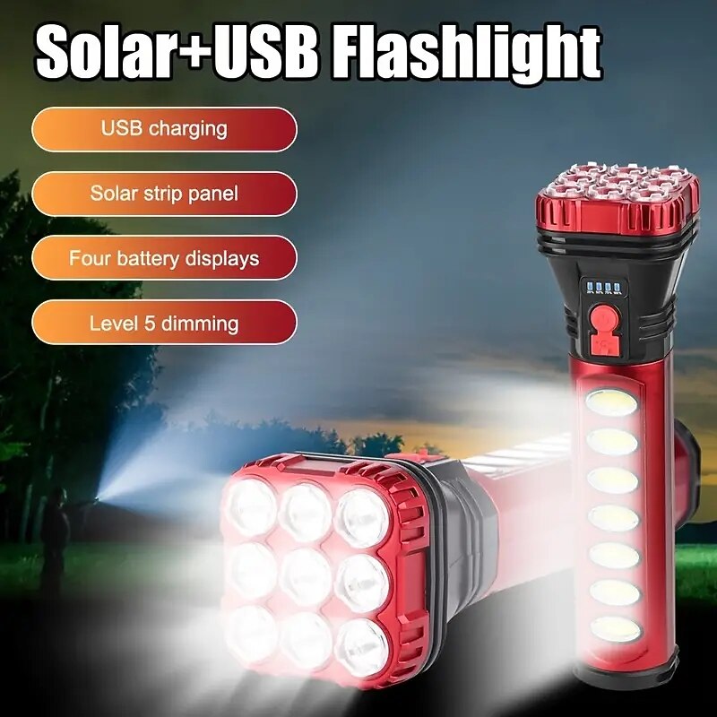 1PC Waterproof USB Charging 9 LED Flashlight With Built-in Battery Solar Torch With Side Light Multi-functional Handheld Lamp For Outdoor Camping Fishing