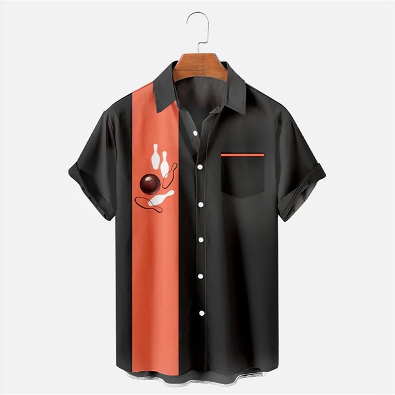 Men's Bowling Ball Shirt Bowling Shirt Button Up Shirt Short Sleeve Tropical Fashion Hawaiian Outdoor Beach Summer Spring Turndown Print Button-Down Yellow Red Blue Green Gray - Main Image