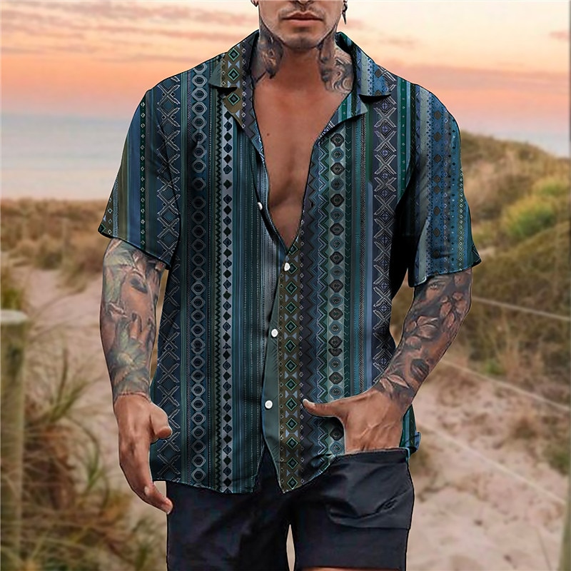 Men's Tribal Vintage Geometry Shirt Boho Shirt Button Up Shirt Short Sleeve Tropical Sports Fashion Casual Holiday Beach Summer Spring Cuban Collar Print Button-Down Blue Brown Gray2