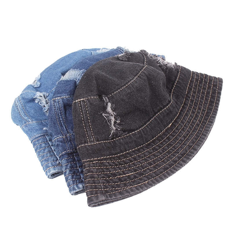 Men's Bucket Hat Sun Hat Black Deep Blue Denim Ripped Streetwear Stylish Casual Outdoor Daily Outdoor clothing Plain Sunscreen Lightweight Quick Dry2