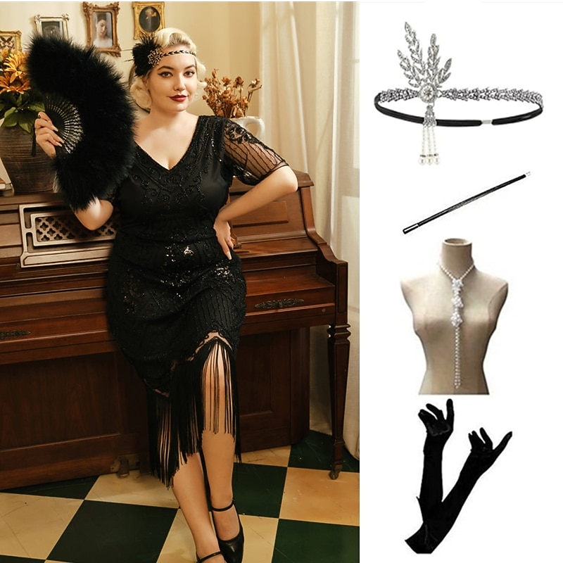 The Great Gatsby Midi Flapper Dress Dress Outfits The Great Gatsby Sequins Tassel Fringe Sequin Tassel V Neck Fancy Dress Women's Masquerade Prom Party & Evening Bachelorette Party Adults' Dress2