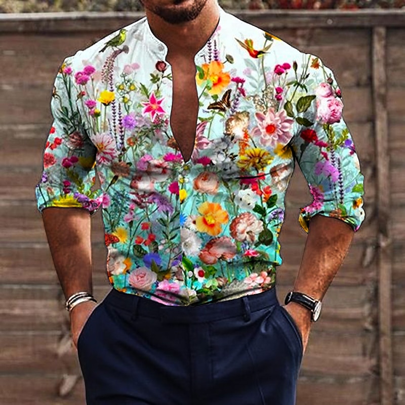 Men's Floral Shirt Button Up Shirt Long Sleeve Fashion Designer Casual Outdoor Vacation Daily Fall & Winter Stand Collar Print Button-Down White+Red Black White Green Gray4