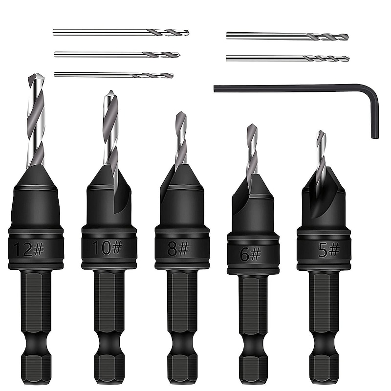 1 Set, Countersink Drill Bit Set, 6pcs Free Replaceable HSS Drill Bits For Wood Quick-Change Chamfered Adjustable Drilling Tool Kit On Pilot Counter Sink Holes For Woodworking