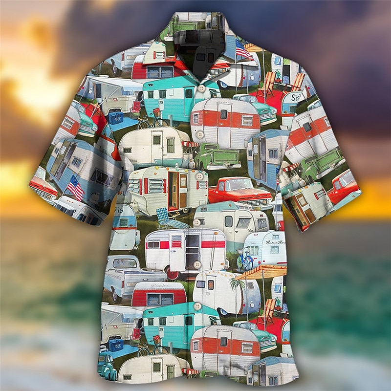 Men's Bus Shirt Summer Hawaiian Shirt Aloha Shirt Short Sleeve Shirt Turndown Tropical Fashion Hawaiian Casual Hawaiian Holiday Blue Brown Green S M L2