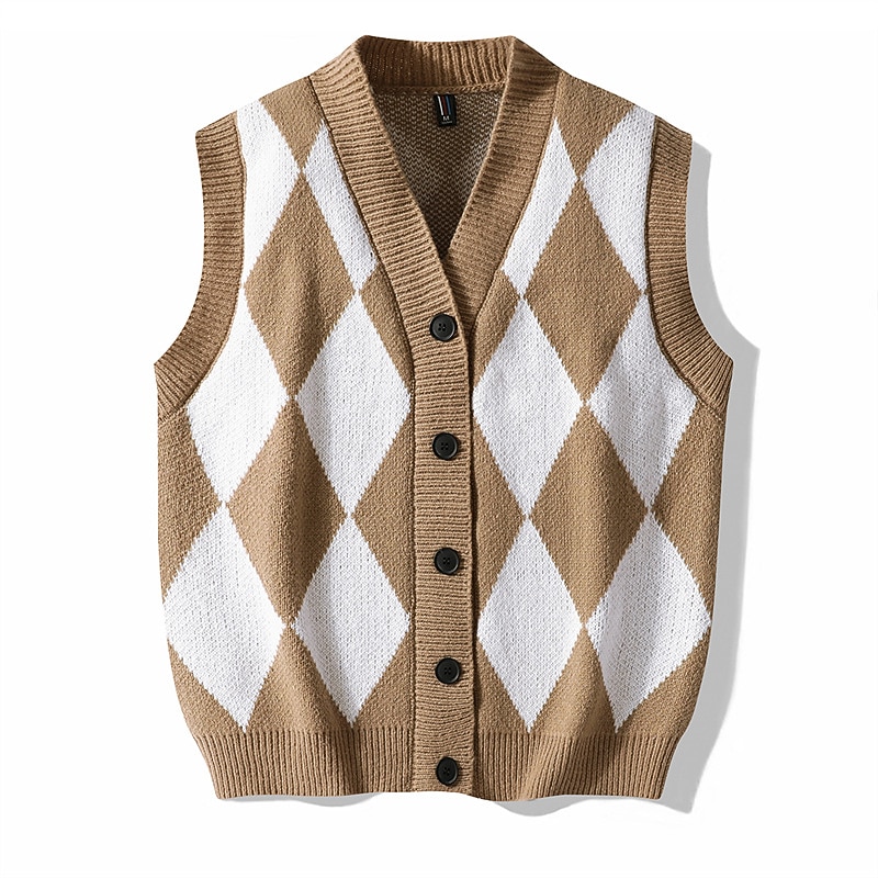 Men's Sweater Vest Cardigan Sweater Ribbed Knit Buttons Knitted Geometric V Neck Modern Contemporary Daily Wear Going out Clothing Apparel Sleeveless Fall & Winter Black Blue M L XL3