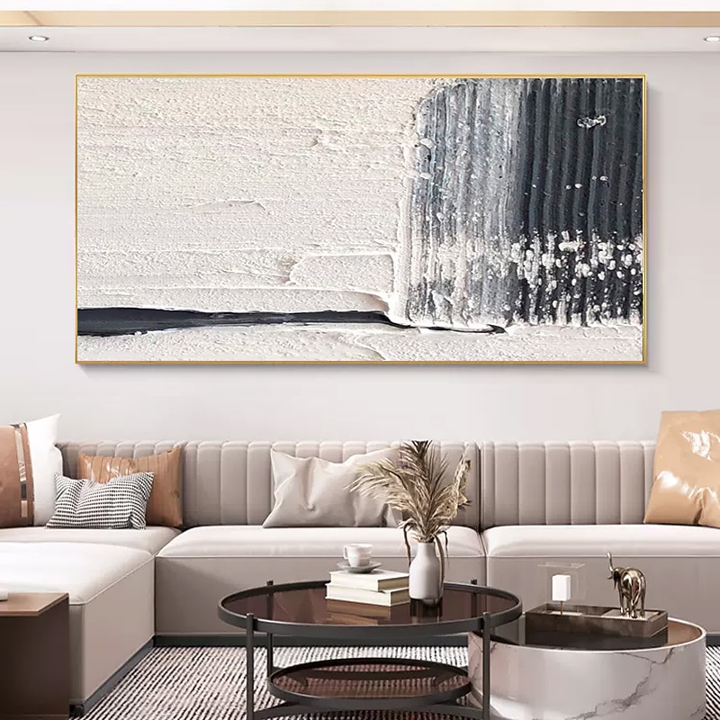 Oil Painting Handmade Hand Painted Wall Art  Black-White Abstract Canvas Painting Home Decoration Decor Stretched Frame Ready to Hang - Main Image