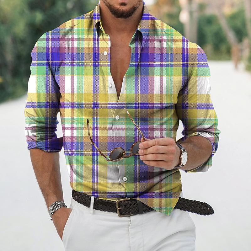 Men's Plaid Geometric Pattern Shirt Button Up Shirt Long Sleeve Sports Fashion Streetwear Outdoor Casual Daily Fall & Winter Turndown Print Button-Down Yellow Pink Blue Green4