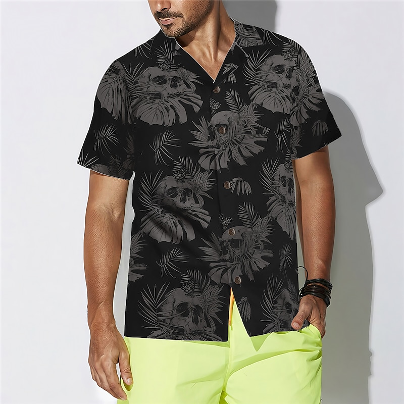 Men's Skull Leaves Tropical Plants Shirt Summer Hawaiian Shirt Aloha Shirt Short Sleeve Shirt Turndown Tropical Fashion Hawaiian Casual Hawaiian Holiday Black Purple Brown S M L