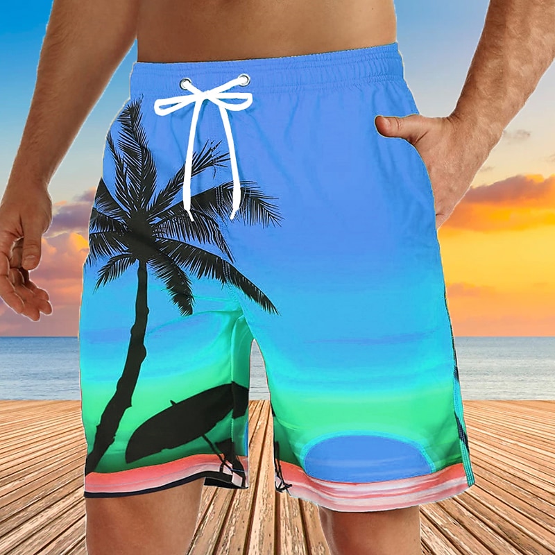 Men's Coconut Tree Sunset Board Shorts Swim Shorts Swim Trunks Mid Waist Hawaiian Boho Holiday Beach Drawstring with Mesh lining Elastic Waist Designer Clothing Apparel2