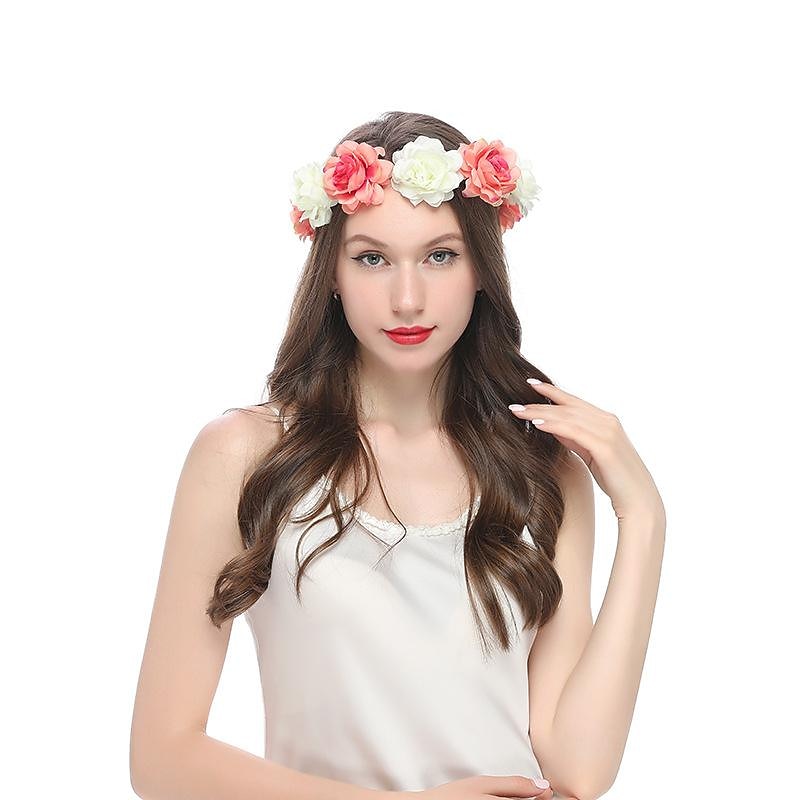 Flower Headband Rose Floral Boho Wreath Garland Hair Hoop Bohemian Headdress Headwear Headpiece Women Girls Crown Leaf Hair Bands Party Decoration Cosplay Costume Handmade Hair Accessories Champagne2