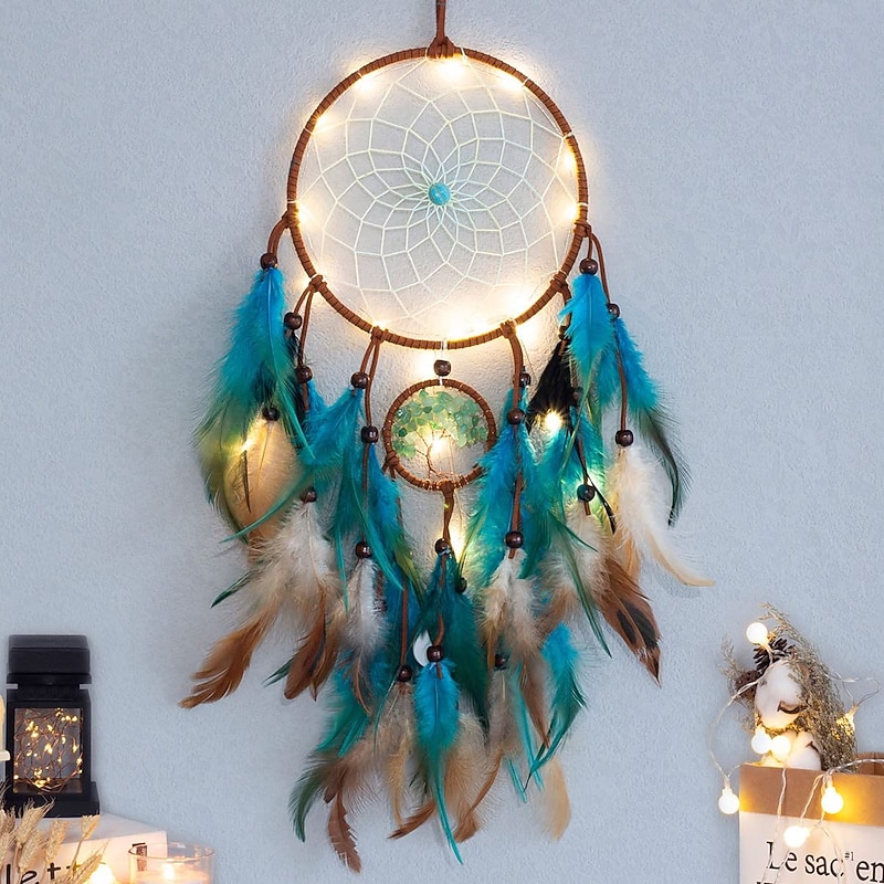 Dream Catcher for Wall Decor Blue Feather with Fairy Light Holiday Bedroom Home Wedding Decoration Birthday Party Blessing Gift