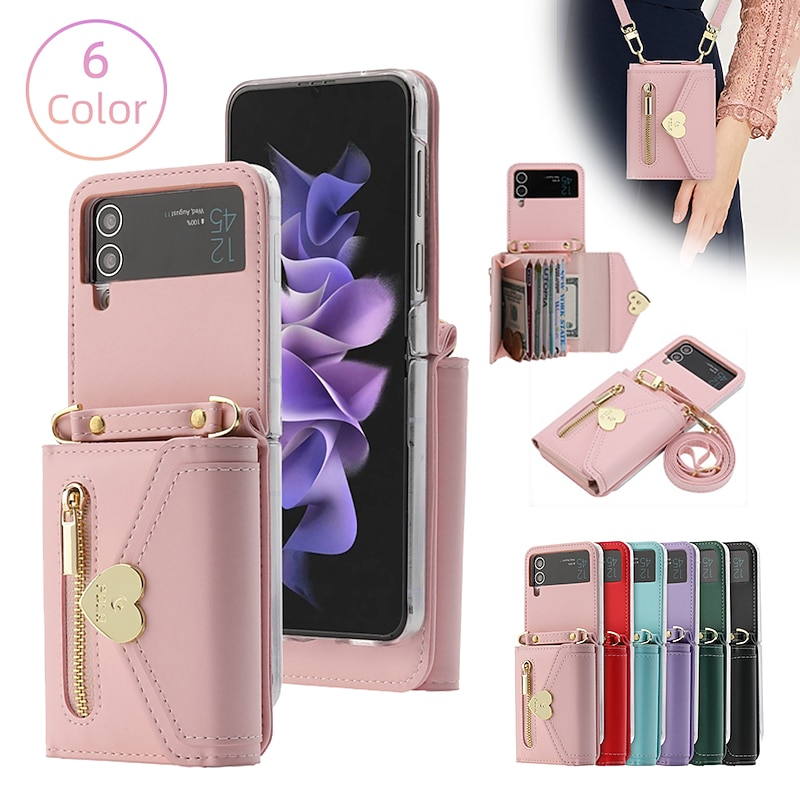 Phone Case For Samsung Galaxy Z Flip 6 Z Flip 5 Z Flip 4 Z Flip 3 Handbag Purse Wallet Case Flip Zipper with Removable Cross Body Strap Solid Colored PU Leather