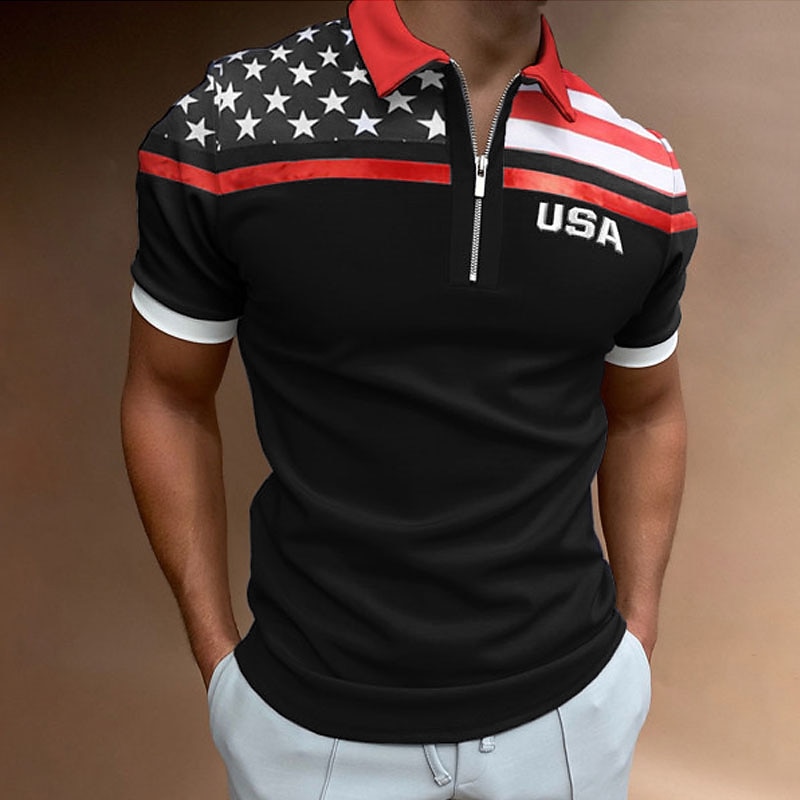Men's Golf Shirt American Flag Polo Shirt Street Casual Turndown Quarter Zip Short Sleeve Fashion Casual Flag Zipper Quarter Zip Spring & Summer Regular Fit Navy Blue Dark Green Gray Golf Shirt3